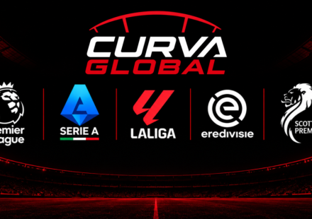 Curva Global logo with Premier League, Serie A, LaLiga, Eredivisie, and Scottish Premiership crests on a stadium background