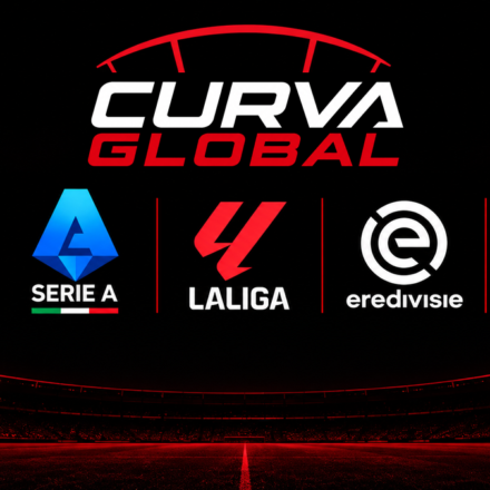 Curva Global logo with Premier League, Serie A, LaLiga, Eredivisie, and Scottish Premiership crests on a stadium background