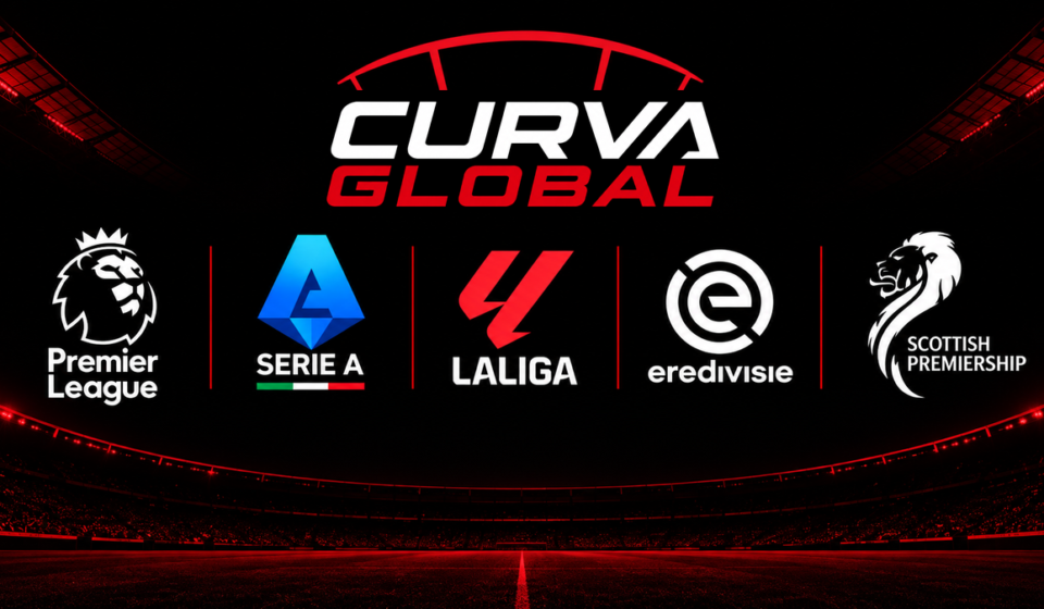 Curva Global logo with Premier League, Serie A, LaLiga, Eredivisie, and Scottish Premiership crests on a stadium background