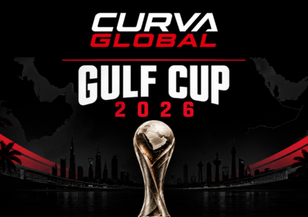 Gulf Cup 2026 trophy against a Gulf skyline with the Curva Global logo
