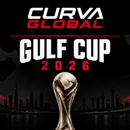 Gulf Cup 2026 trophy against a Gulf skyline with the Curva Global logo