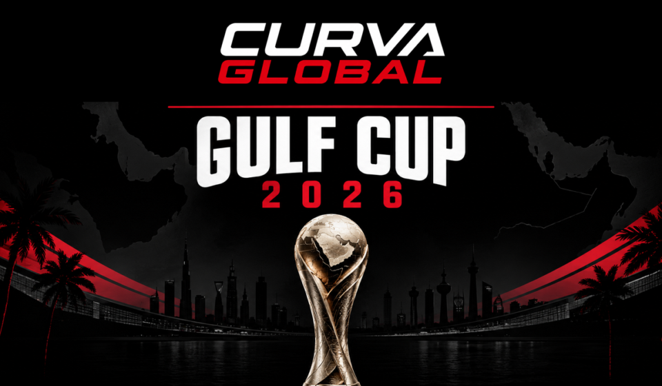 Gulf Cup 2026 trophy against a Gulf skyline with the Curva Global logo