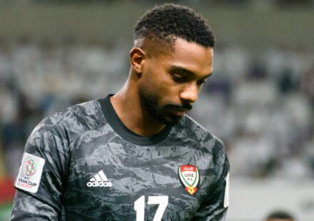 UAE goalkeeper Khalid Eisa looks down dejected during a match
