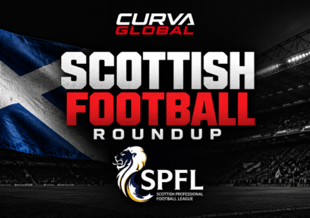 Curva Global Scottish Football Roundup graphic with the Scotland saltire flag, a floodlit stadium and the SPFL logo