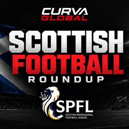 Curva Global Scottish Football Roundup graphic with the Scotland saltire flag, a floodlit stadium and the SPFL logo