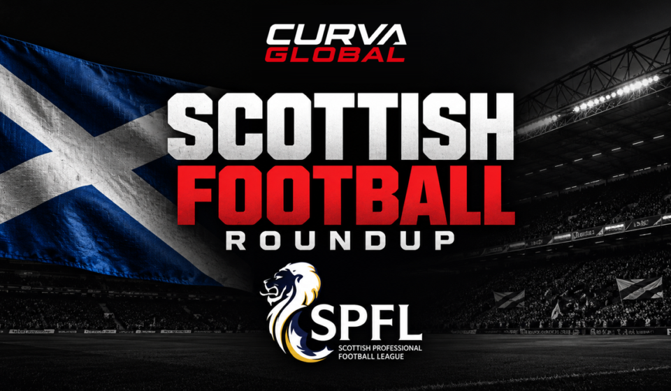 Curva Global Scottish Football Roundup graphic with the Scotland saltire flag, a floodlit stadium and the SPFL logo